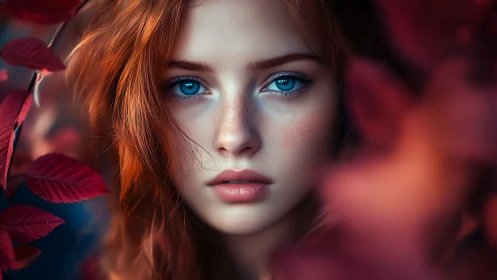Cinematic red-haired portrait renders hyperreal blue-eyed gaze