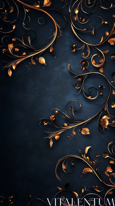 Golden baroque vines curl over deep blue textured backdrop.