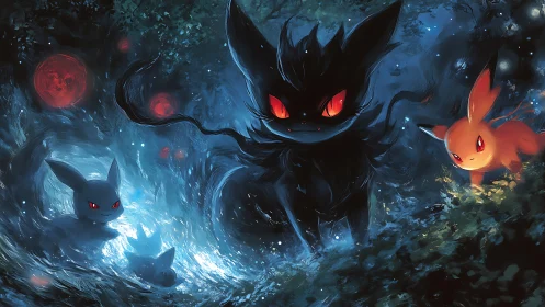 Playful fox spirits gather in a glowing midnight forest.