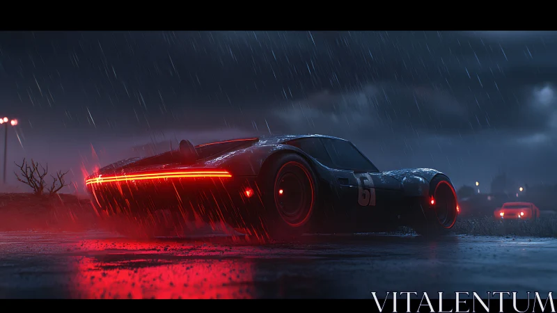 Neon rain slashes as a cyber racer prowls the wet highway