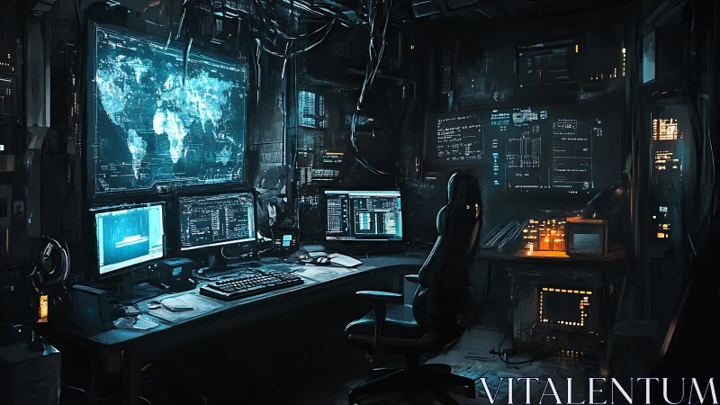 Midnight hacker cockpit hums with glowing global blue maps