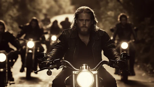 Motorcycle club leader riding through shadowed forest road.