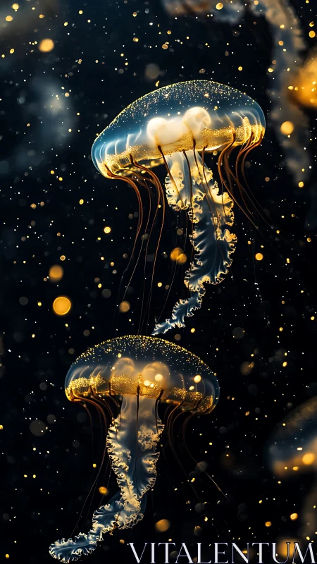 Bioluminescent jellyfish pair in particulate-rich abyssal water.