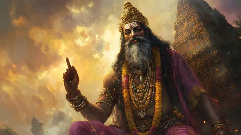 Ornate Hindu sage figure before towering temple under embers