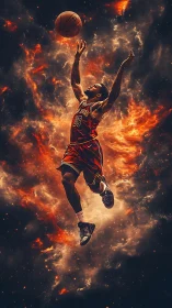Cosmic leap of a basketball player in fiery nebula clouds.
