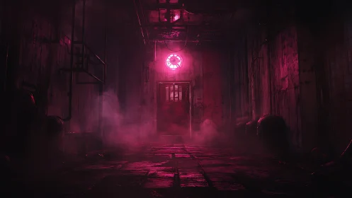 Abandoned industrial corridor lit by eerie pink neon glow.