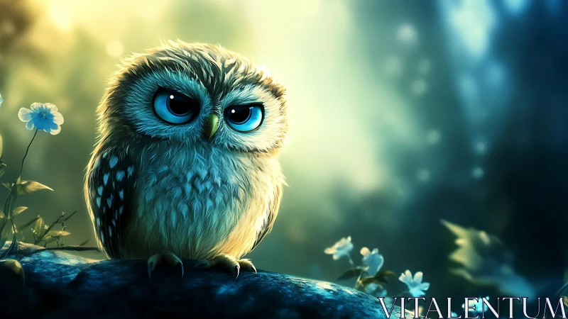 Adorable Cartoon Owl with Big Eyes in Lush Forest, Digital Art.