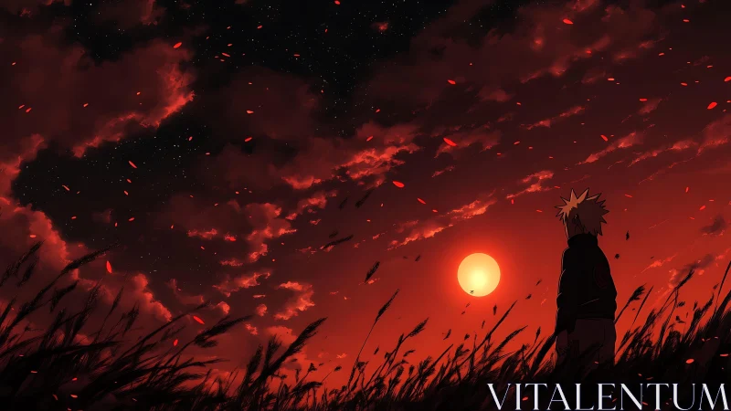 Lone anime figure watching blood-red sunset skyscape.