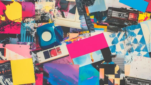 Color-splashed collage table buzzing with playful energy.