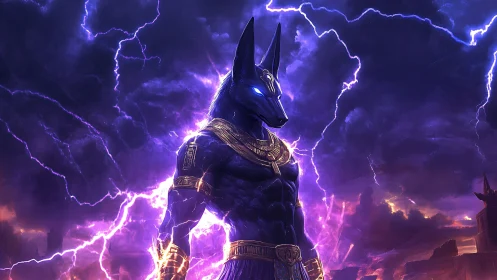Mythic jackal deity in charged violet storm-lit atmosphere.