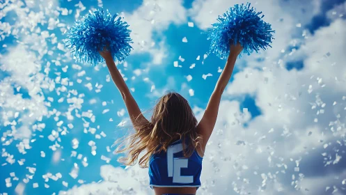 Cheerleader lifts blue pom poms beneath vibrant confetti sky.