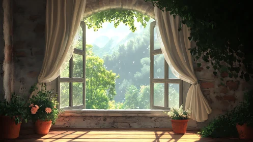 Sunlit arched window framing volumetric forest panorama.
