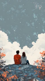 Two figures contemplate starlit sky from elevated vantage point.