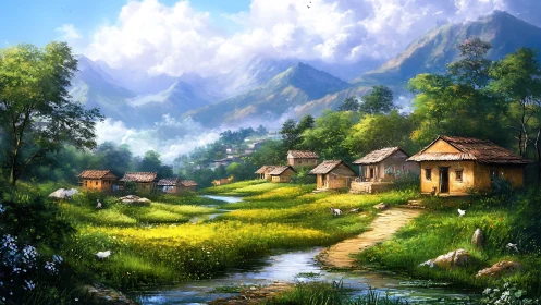 Sunlit mountain hamlet dreaming beside a winding brook.