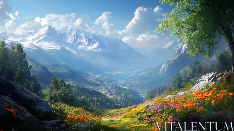Sunlit alpine valley with wildflower meadow and peaks.