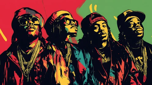 Pop art hip hop quartet portrait in saturated duotone palette