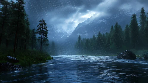 Nocturnal alpine riverstorm under dynamic volumetric rainfall.