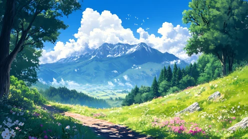 Sunlit mountain meadow path under towering summer clouds.