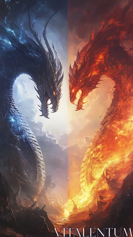 Elemental twin dragons form symmetric fire-ice confrontation arc