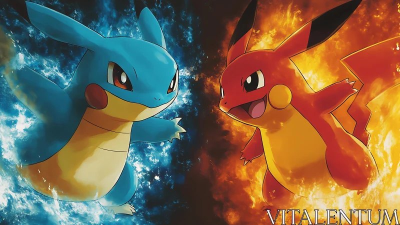 Elemental duel of fiery thunder and tidal lightning mascots.