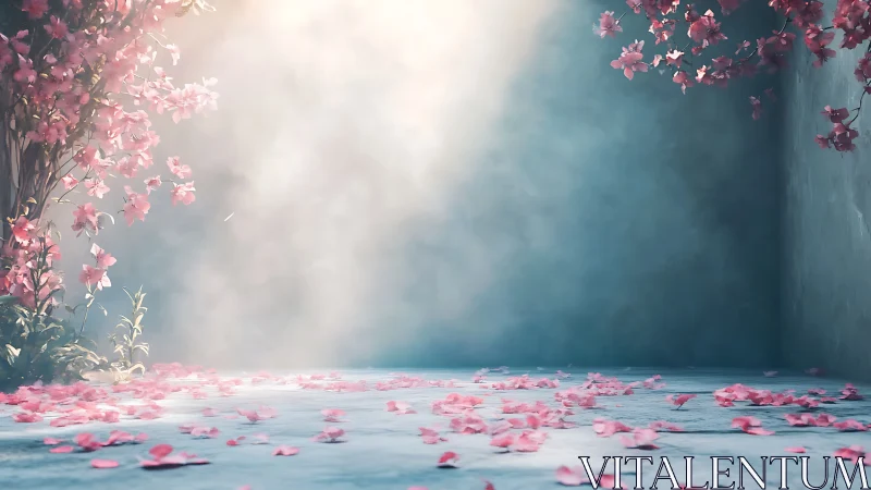 Pink Blossoms in Misty Turquoise Space.