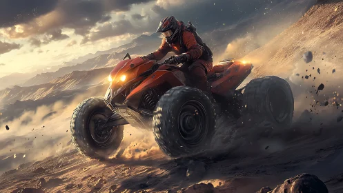 Duststorm rider rockets across blazing mountain ridges.