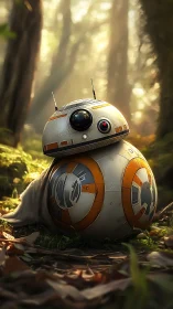 Photorealistic spherical droid in cinematic forest backlight.
