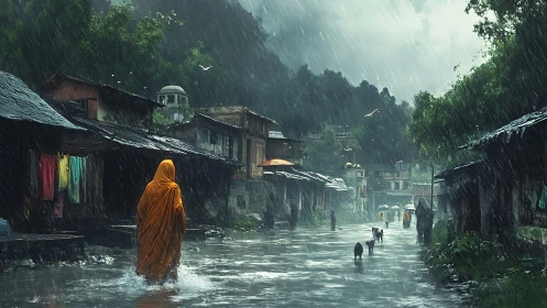 Monsoon-soaked village street with robed figure and strays