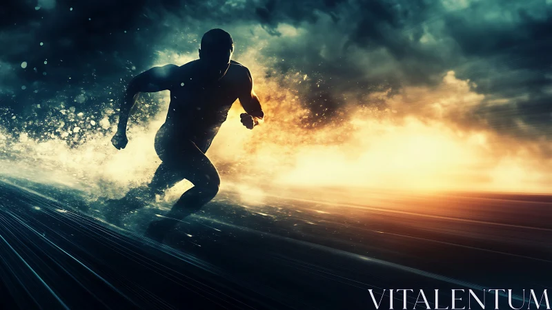 Silhouette sprinter charges through blazing abstract storm.