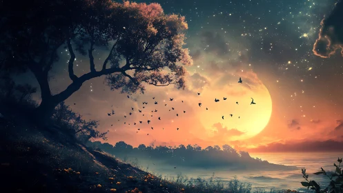 Luminous moonrise over coastal forest with silhouetted birds.