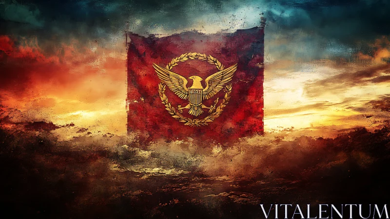 Eagle of the crimson empire rising through stormlight skies.