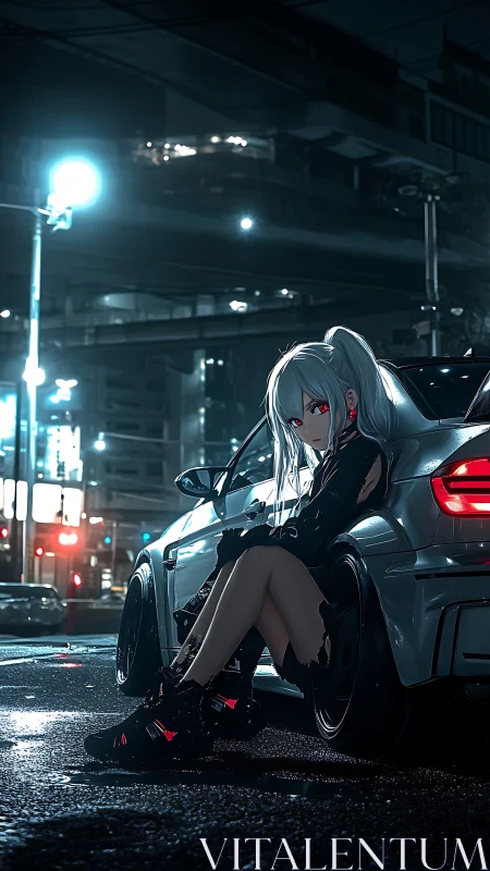 Night street racer girl beside tuned coupe in neon rain
