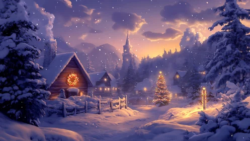 Snowy Christmas village glows softly with cozy golden lights