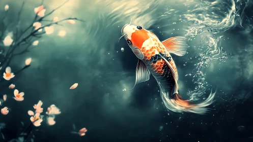 Graceful koi glides through teal water under drifting blossoms