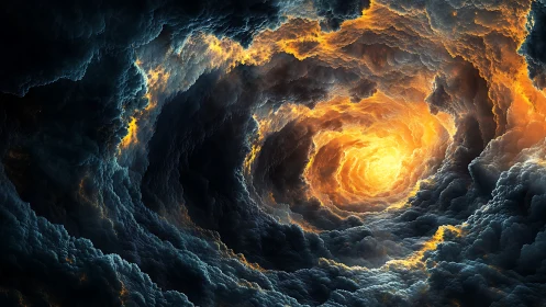 Fiery vortex of storm clouds spirals into glowing abyss.
