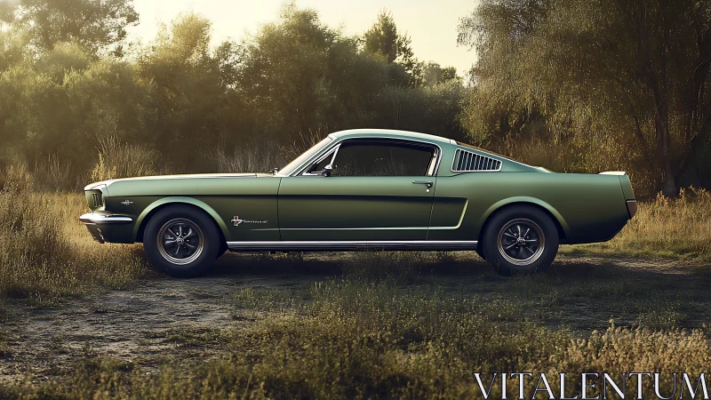 Classic green fastback muscle car stands in evening field