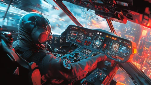 Neon skyline pilot steering a data-lit midnight dropship.