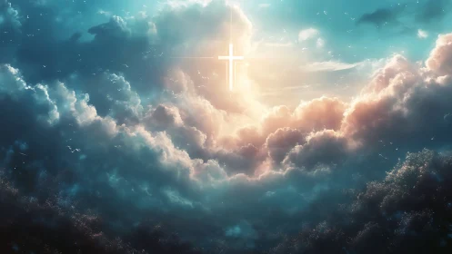 Radiant cross emerging through luminous storm clouds at dusk.