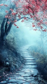 Misty stone path curves beneath vivid red autumn canopy.