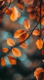 Golden autumn beech leaves on branch against soft bokeh.