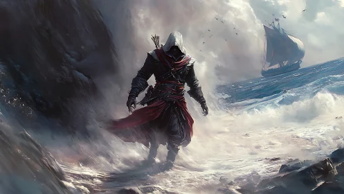 Hooded seafaring assassin strides through stormlit surf.