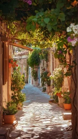 Sunlit Mediterranean alley framed by lush flowering vines.
