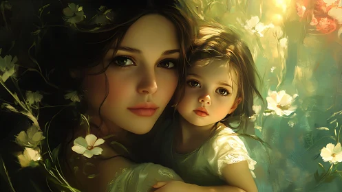 Soft spring light wraps a loving mother and child in bloom
