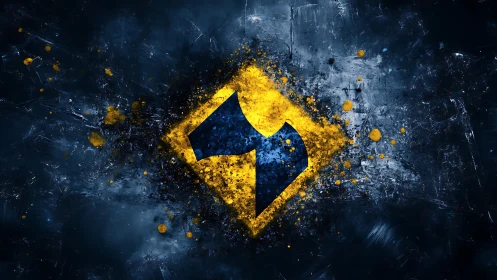 Bold yellow road sign bursting through cosmic night.