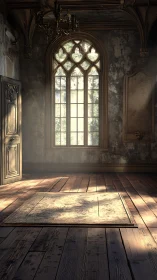 Gothic interior study with stained glass window and light field.