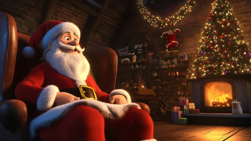 3D Santa Claus relaxing by glowing fireplace and lit tree