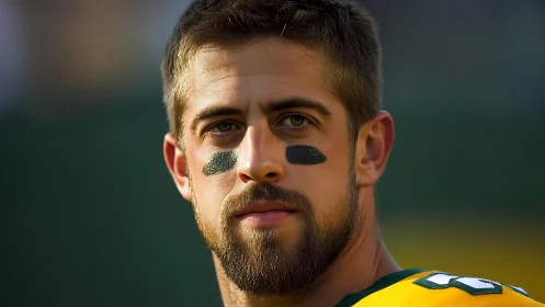 Gridiron gaze under stadium sun, bearded warrior ready.