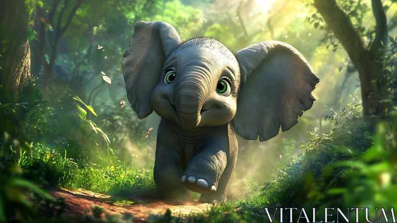 Bright-eyed baby elephant trotting through sunlit jungle.