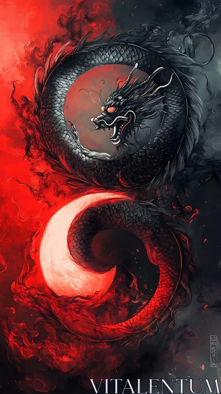 Mythic yin yang dragon swirling through fire and shadow.