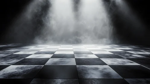 Moody spotlight over reflective checkered stage floor.